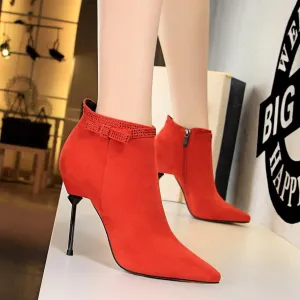 Suede Rhinestone Point Toe Zipper High Heel Ankle Boots