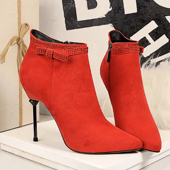 Suede Rhinestone Point Toe Zipper High Heel Ankle Boots