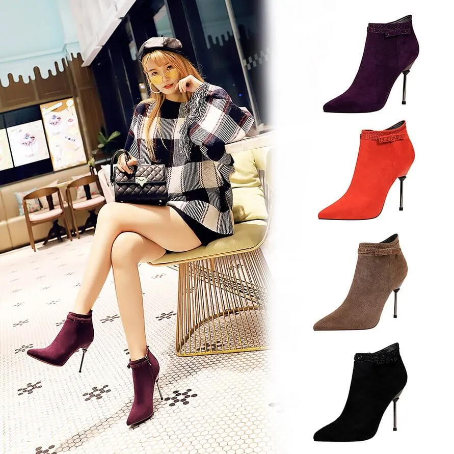 Suede Rhinestone Point Toe Zipper High Heel Ankle Boots
