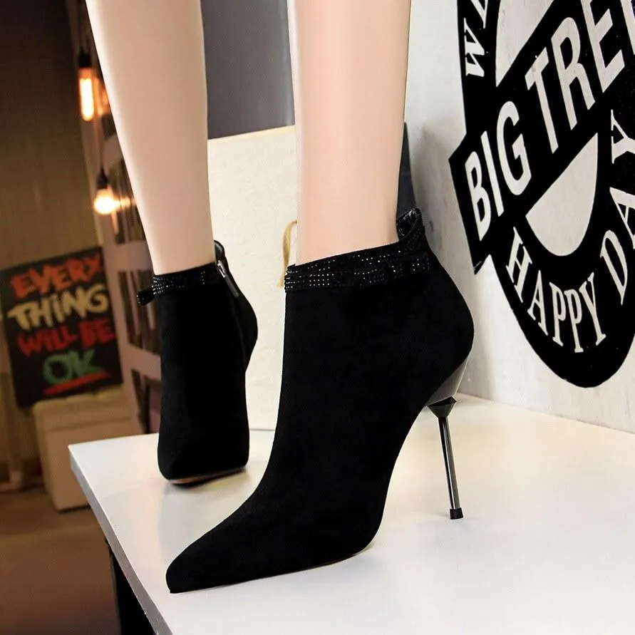 Suede Rhinestone Point Toe Zipper High Heel Ankle Boots