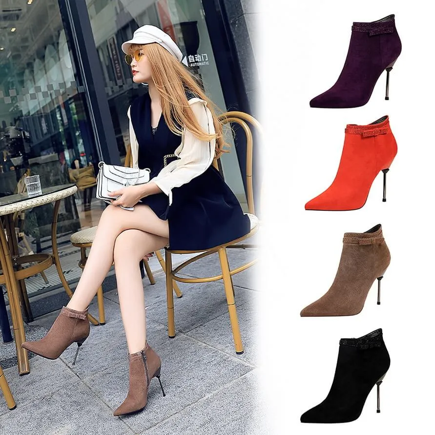 Suede Rhinestone Point Toe Zipper High Heel Ankle Boots