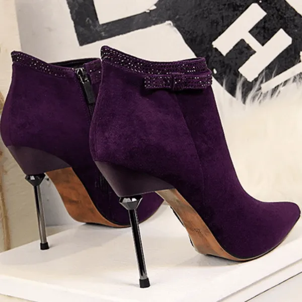 Suede Rhinestone Point Toe Zipper High Heel Ankle Boots
