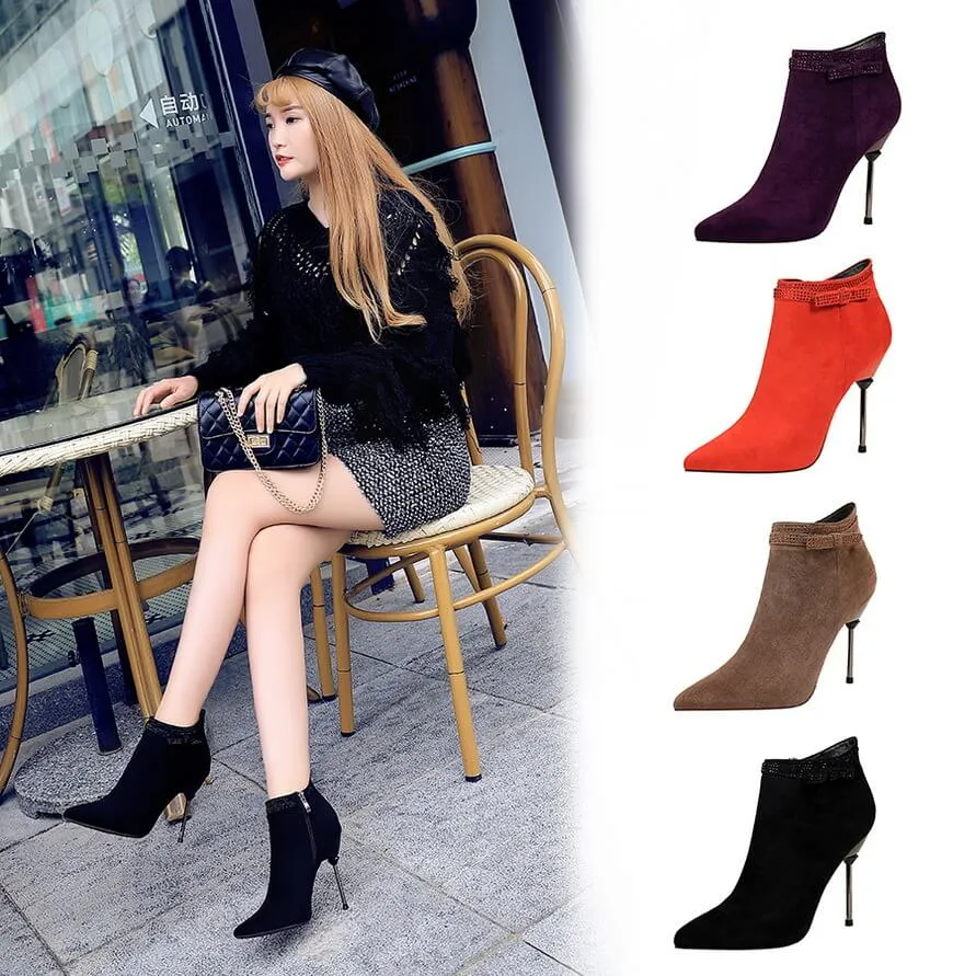 Suede Rhinestone Point Toe Zipper High Heel Ankle Boots