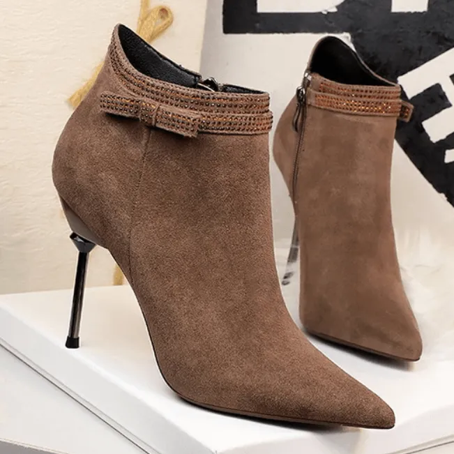 Suede Rhinestone Point Toe Zipper High Heel Ankle Boots
