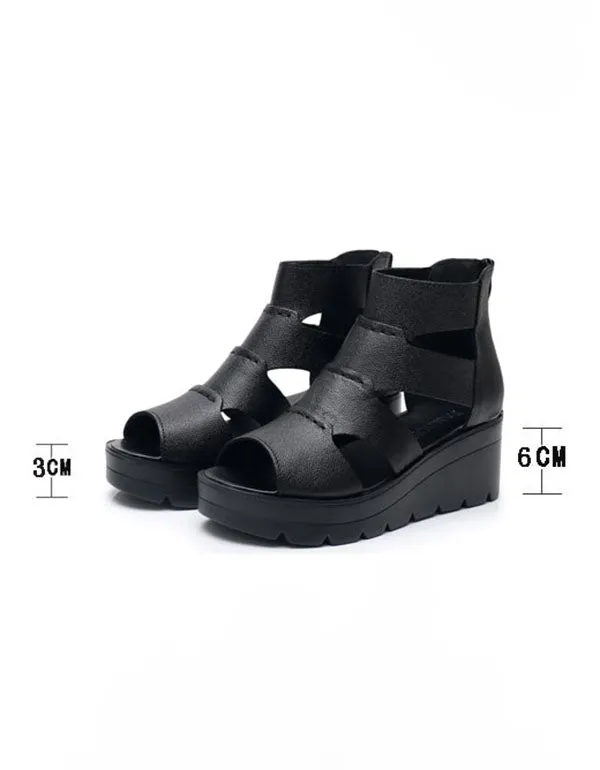 Summer Leather Sandals Wedge Heels Black