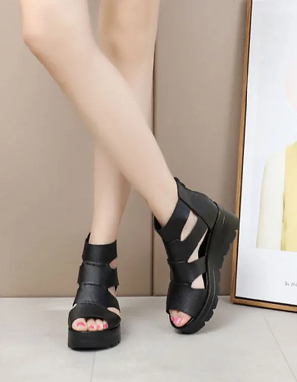 Summer Leather Sandals Wedge Heels Black