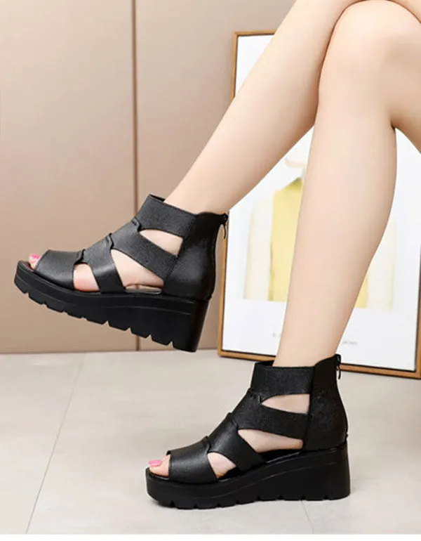 Summer Leather Sandals Wedge Heels Black