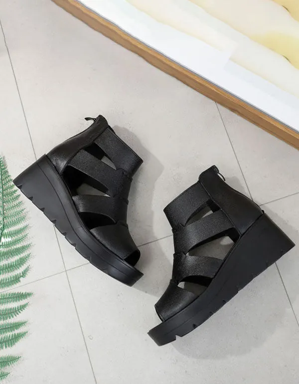 Summer Leather Sandals Wedge Heels Black