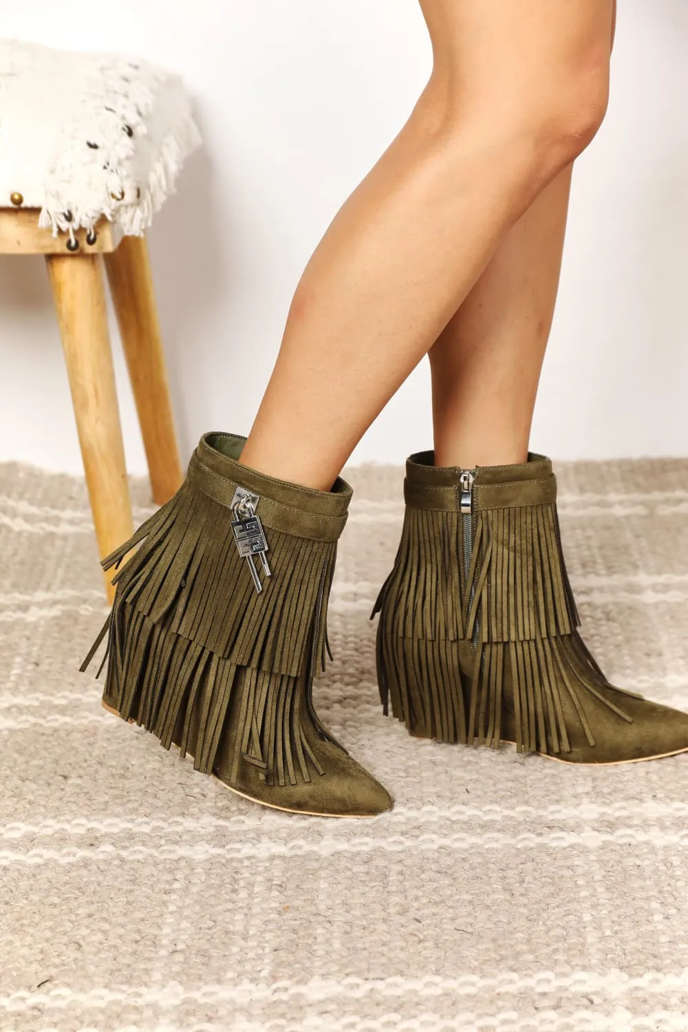 Tassel Wedge Heel Ankle Booties in Olive