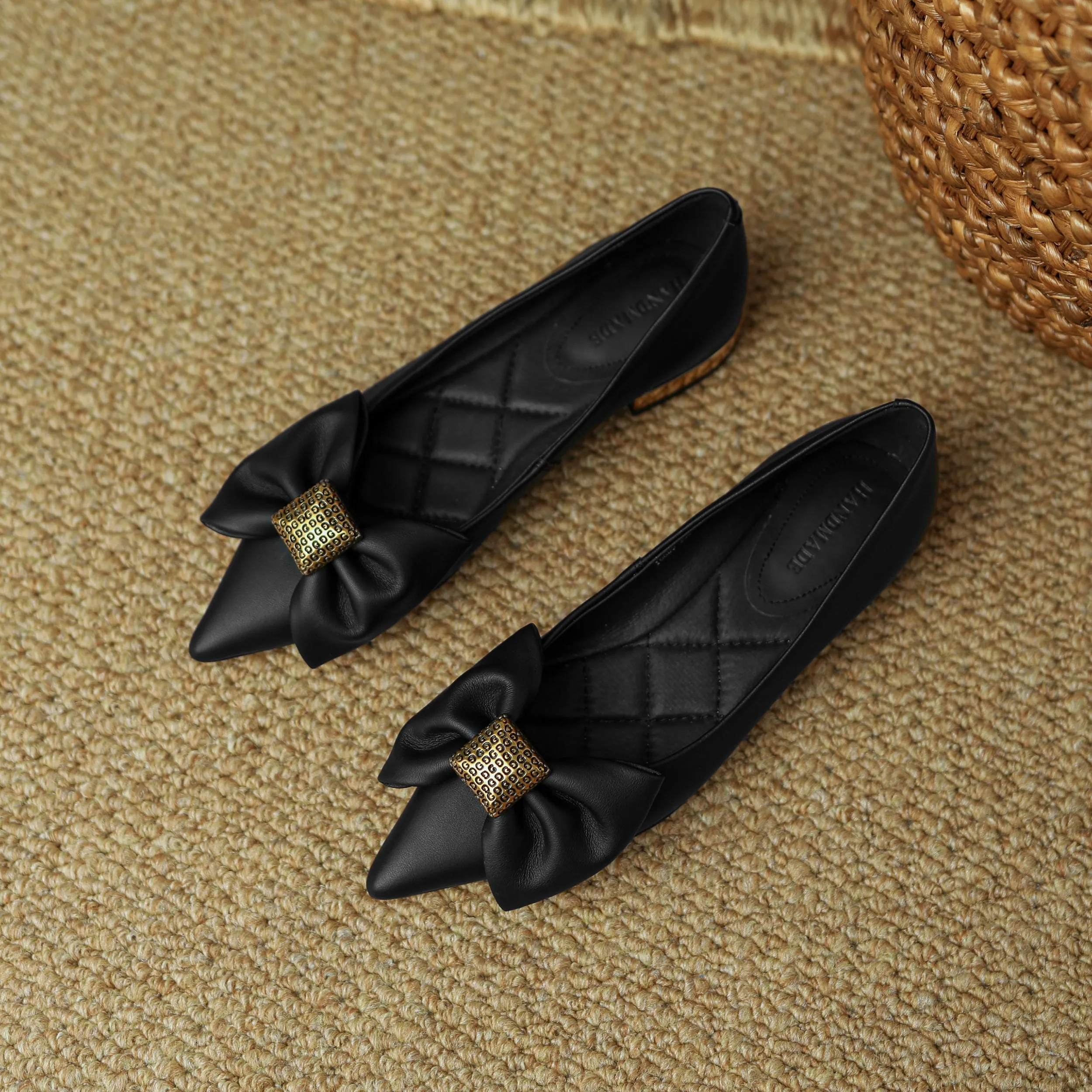 TinaCus Women's Genuine Leather Handmade Pointed Toe Décor Bow Slip on Ballet Flats Shoes