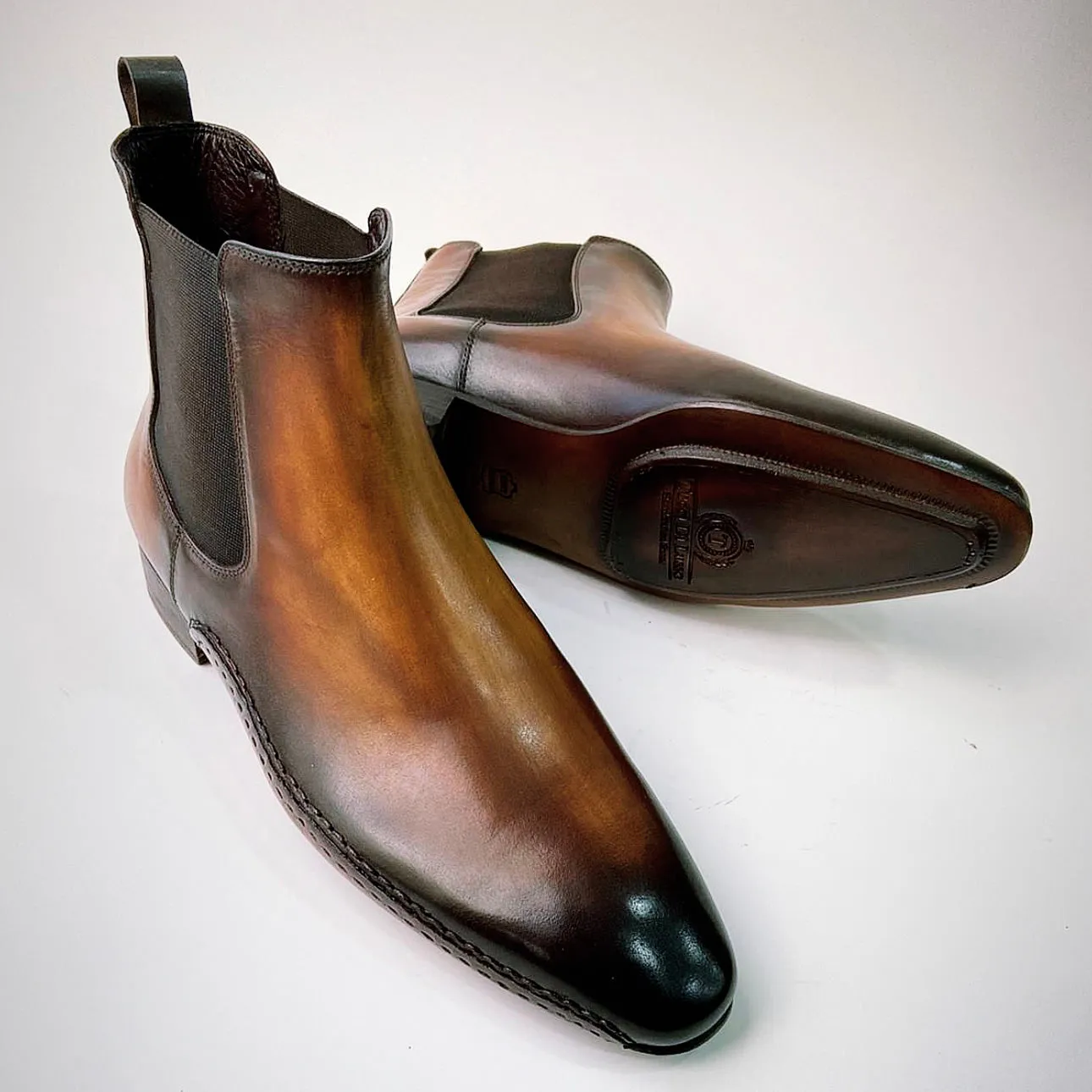 Tucci Di Lusso Mens Premium Italian Leather Burnished Brown Handmade Luxury Chelsea Boots