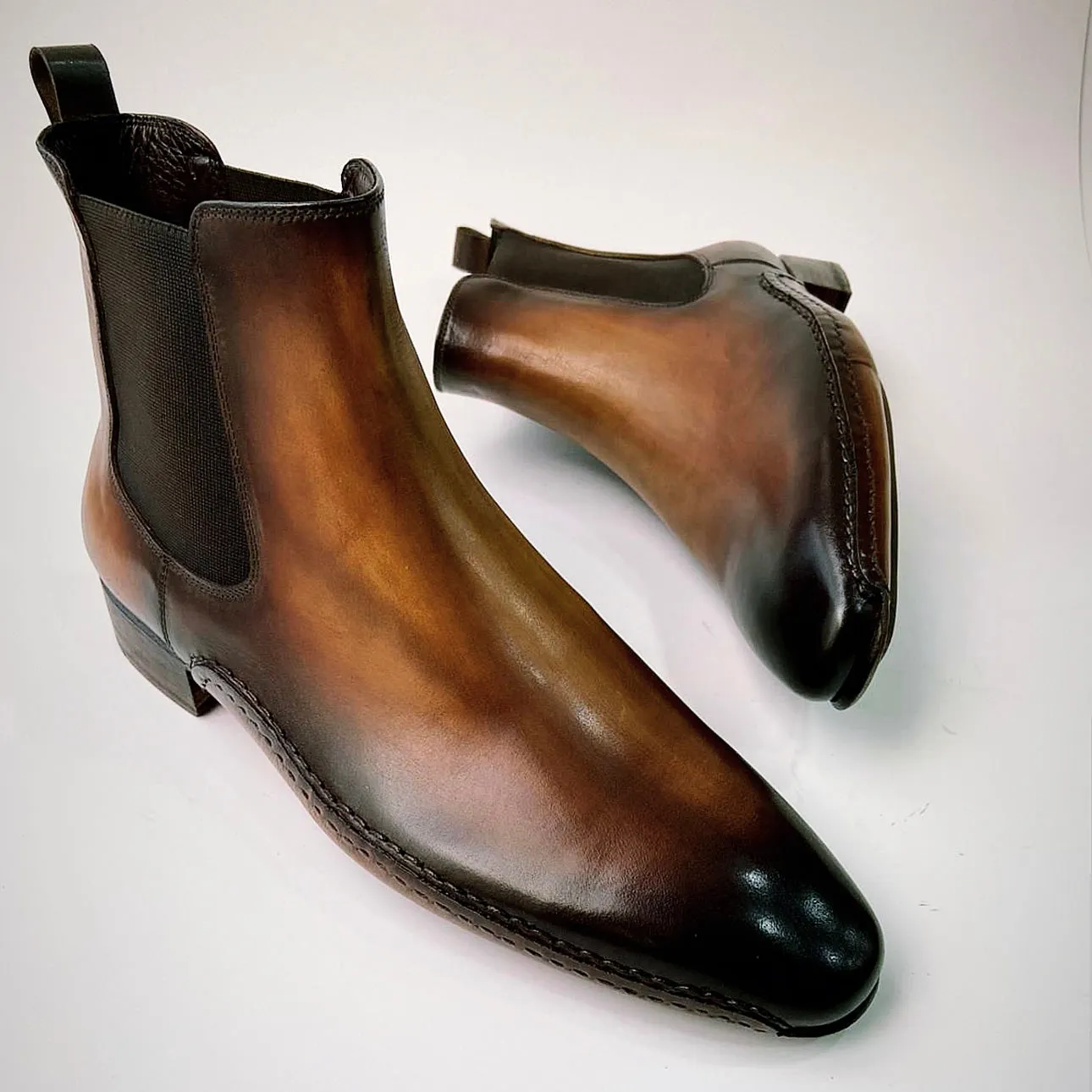 Tucci Di Lusso Mens Premium Italian Leather Burnished Brown Handmade Luxury Chelsea Boots