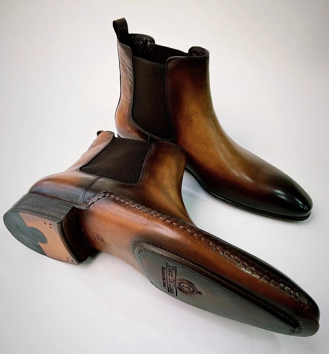 Tucci Di Lusso Mens Premium Italian Leather Burnished Brown Handmade Luxury Chelsea Boots
