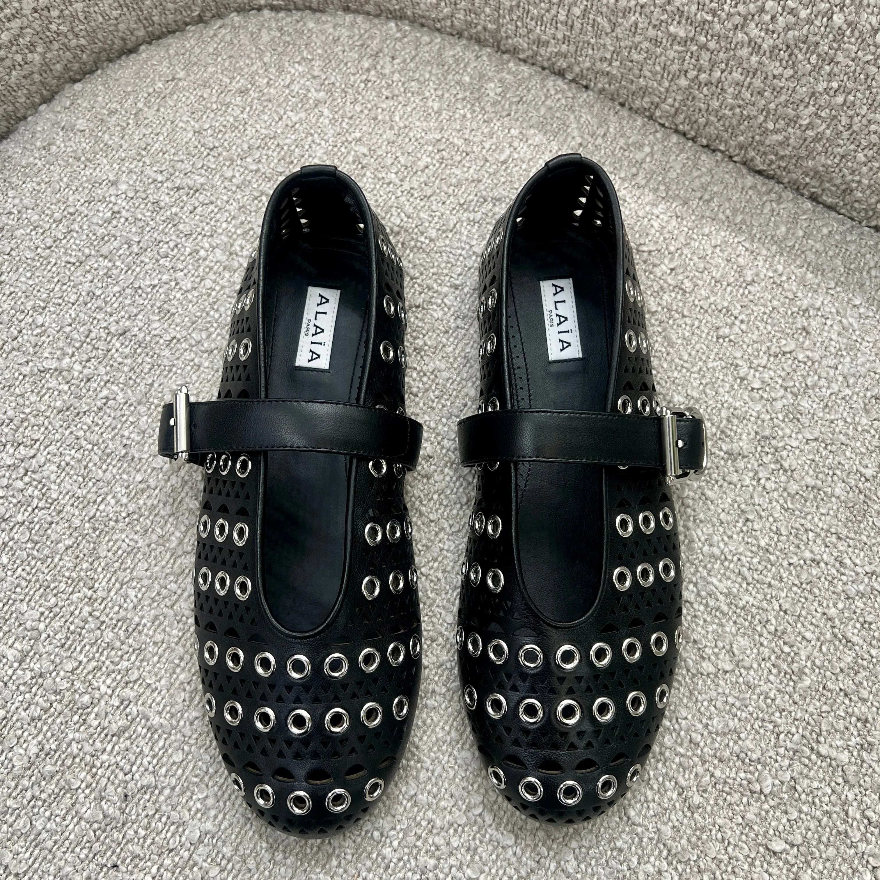 Vienne Laser Cut Eyelet Ballet Flats, Black