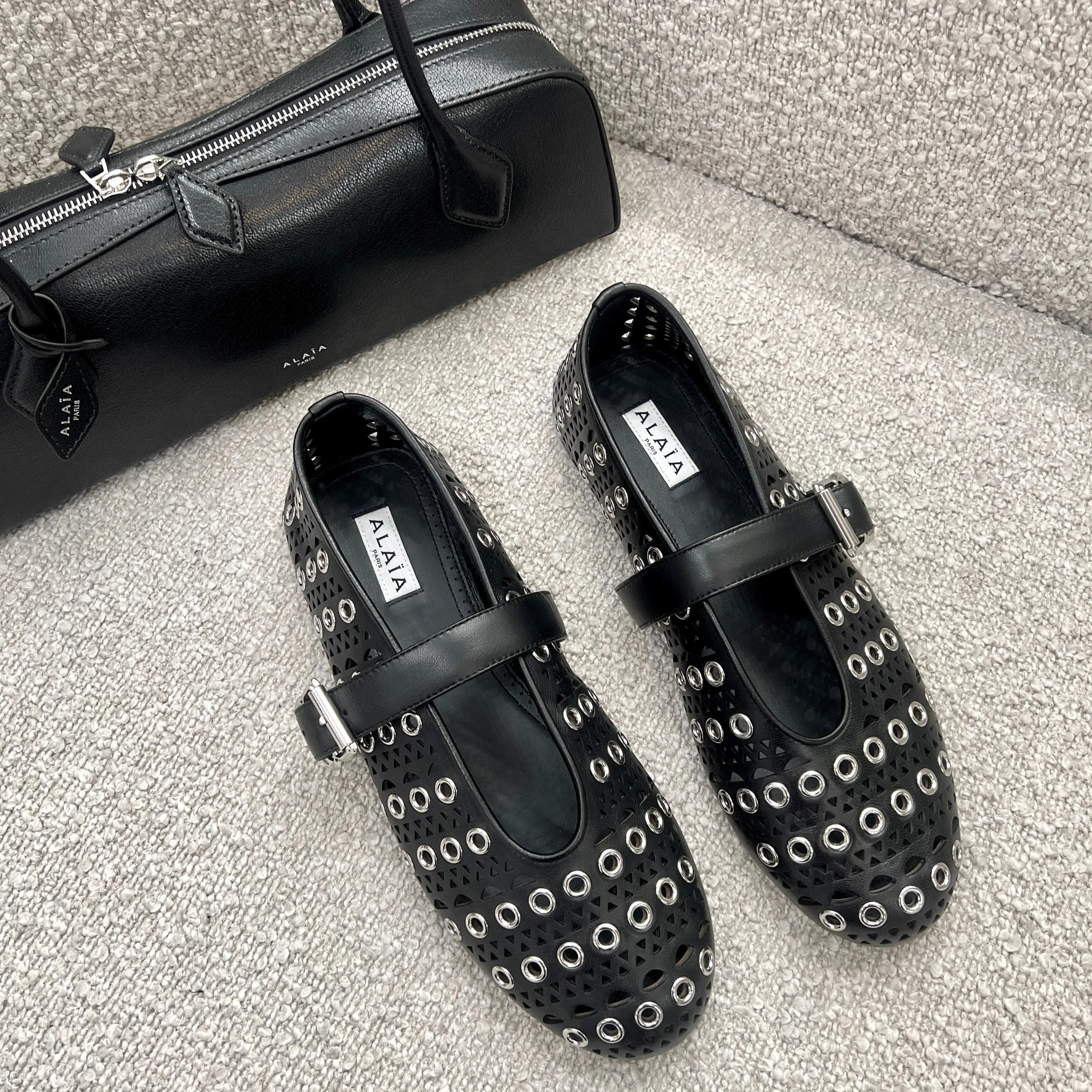 Vienne Laser Cut Eyelet Ballet Flats, Black