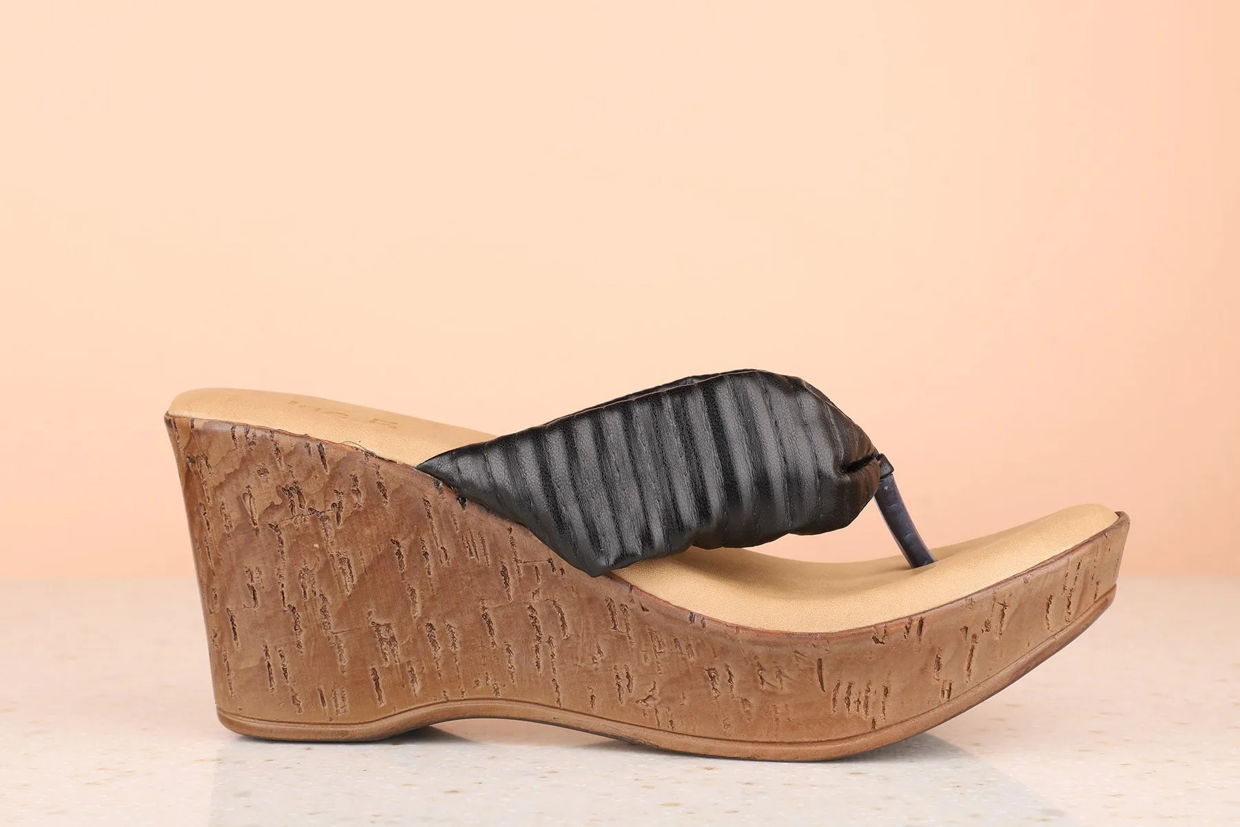 Women Black Textured Wedge Sandals