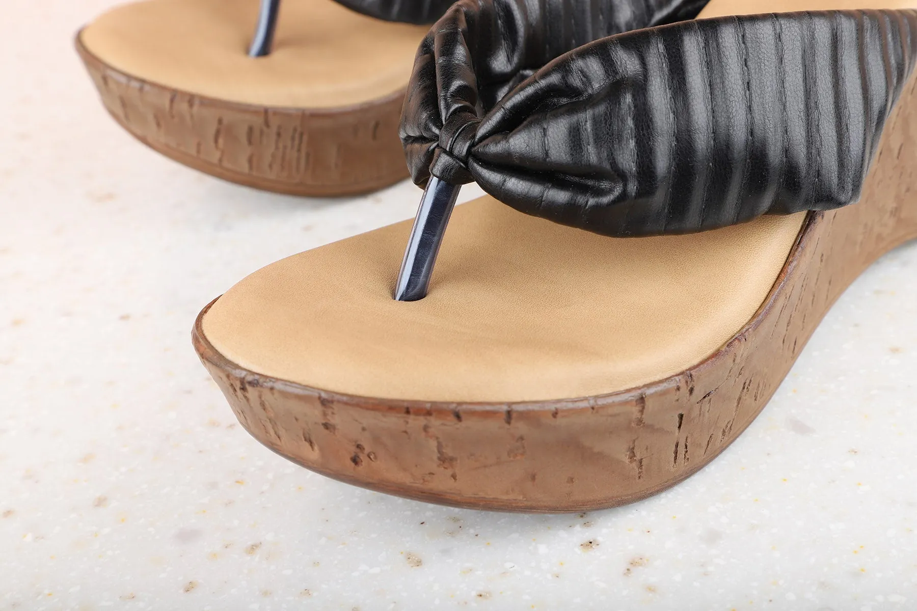 Women Black Textured Wedge Sandals
