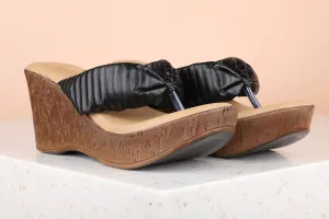 Women Black Textured Wedge Sandals
