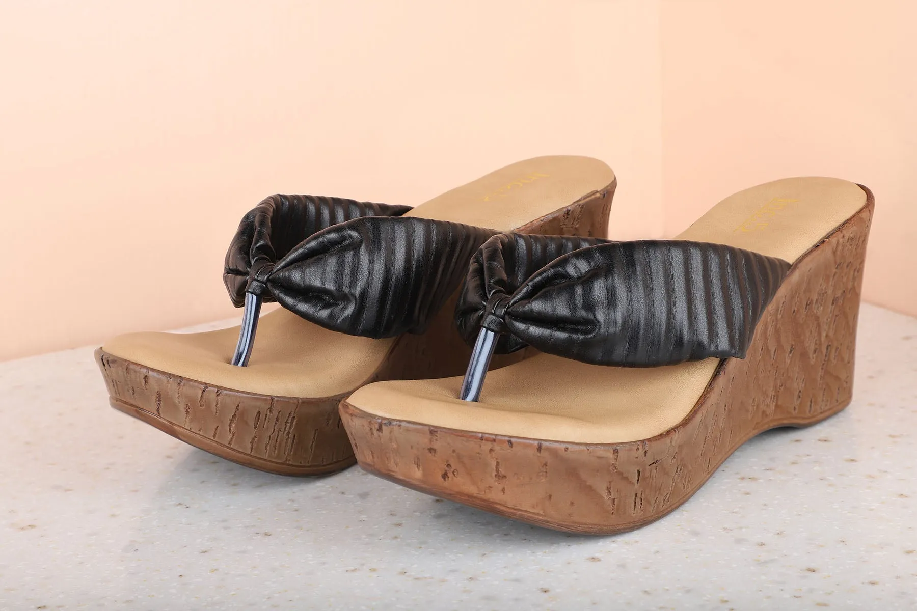 Women Black Textured Wedge Sandals