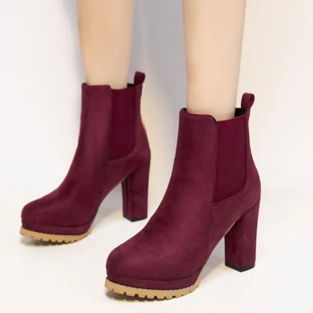 Women short slip on platform chunky high heel boots