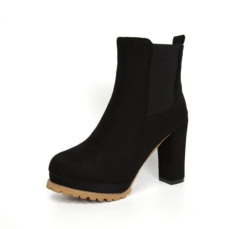Women short slip on platform chunky high heel boots