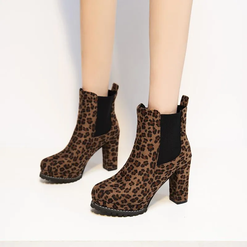 Women short slip on platform chunky high heel boots