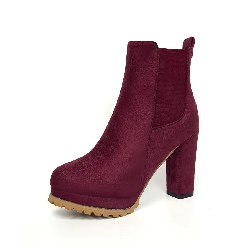 Women short slip on platform chunky high heel boots