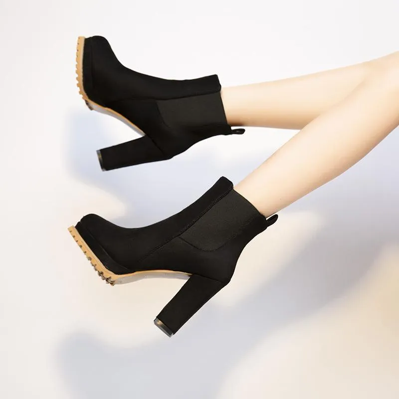 Women short slip on platform chunky high heel boots