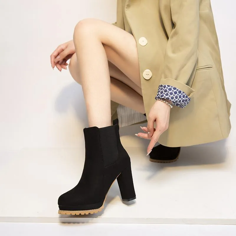 Women short slip on platform chunky high heel boots