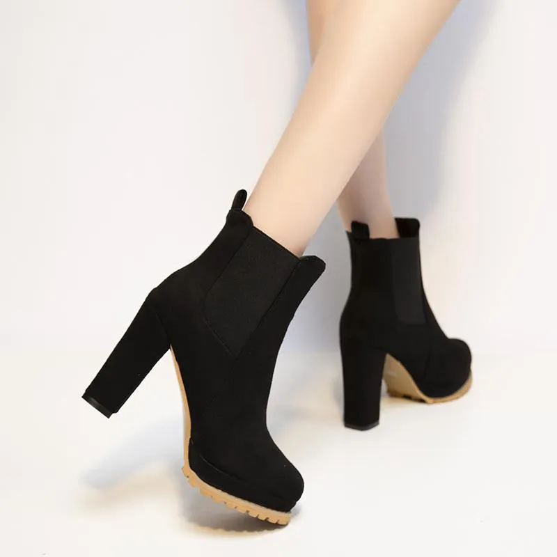 Women short slip on platform chunky high heel boots