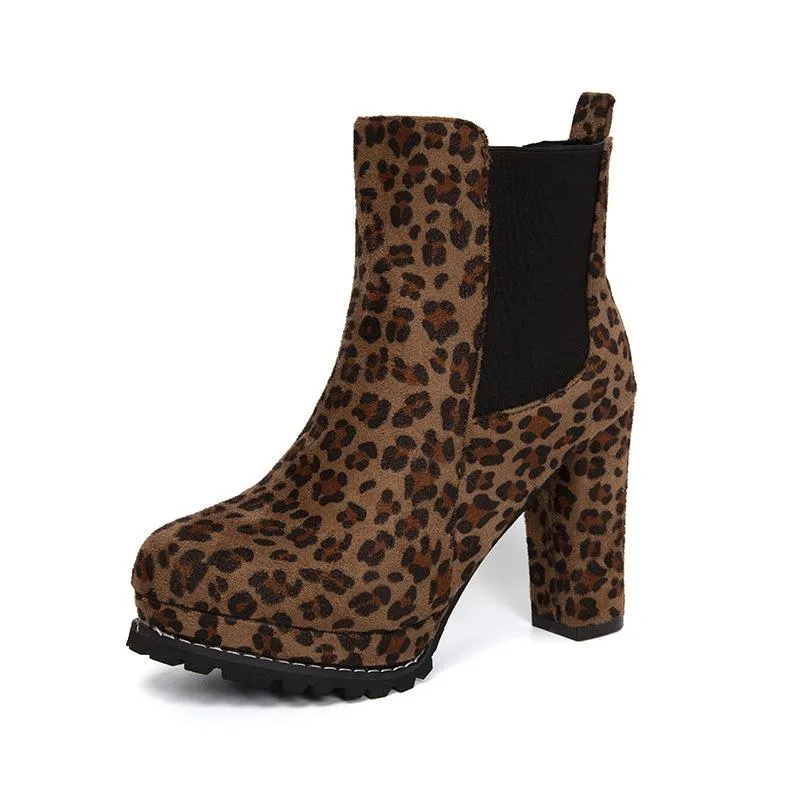 Women short slip on platform chunky high heel boots