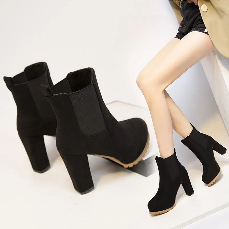 Women short slip on platform chunky high heel boots