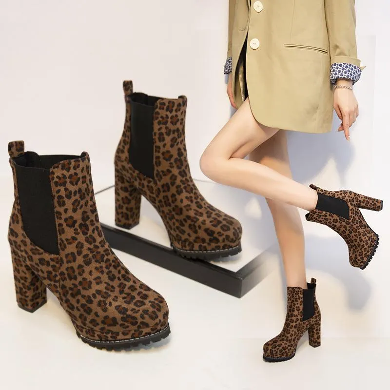 Women short slip on platform chunky high heel boots