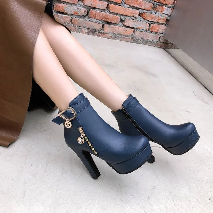 Women's Buckle Zipper Platform High Heel Short Boots