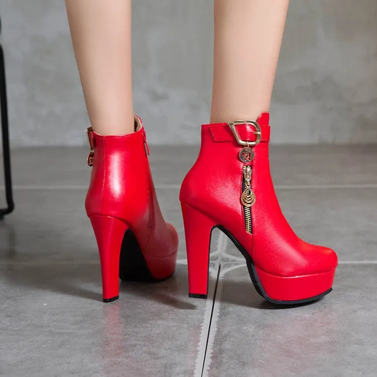 Women's Buckle Zipper Platform High Heel Short Boots