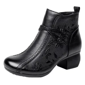 Women's Casual Leather Zipper Ankle Boots Flower Print Low Block Heel