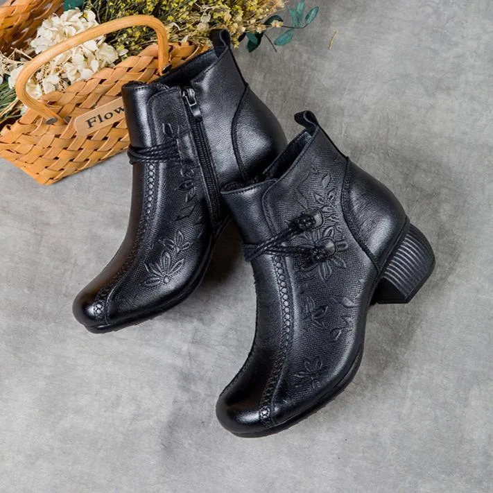 Women's Casual Leather Zipper Ankle Boots Flower Print Low Block Heel