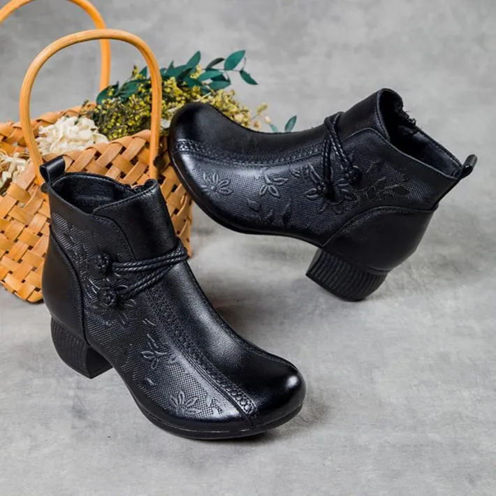 Women's Casual Leather Zipper Ankle Boots Flower Print Low Block Heel