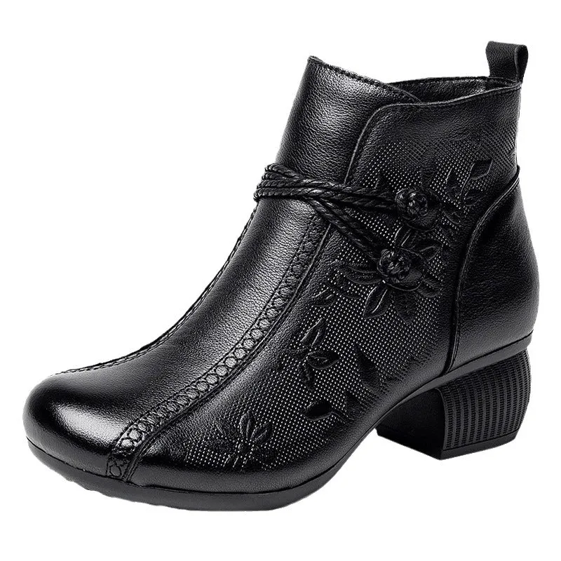 Women's Casual Leather Zipper Ankle Boots Flower Print Low Block Heel