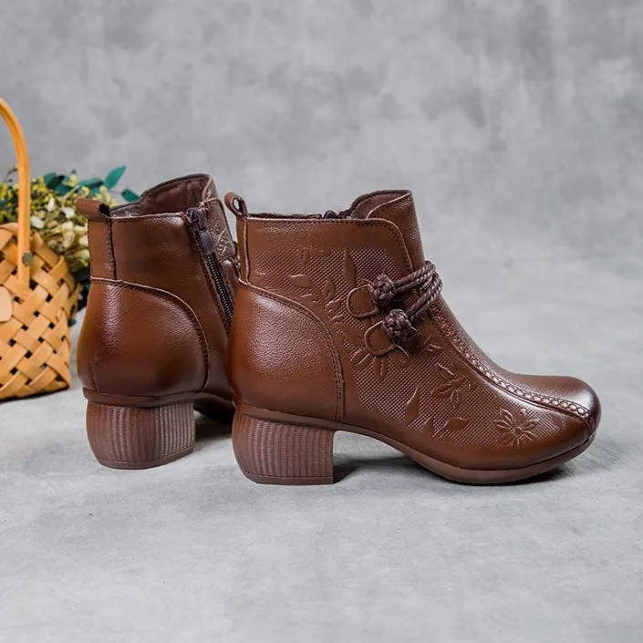 Women's Casual Leather Zipper Ankle Boots Flower Print Low Block Heel