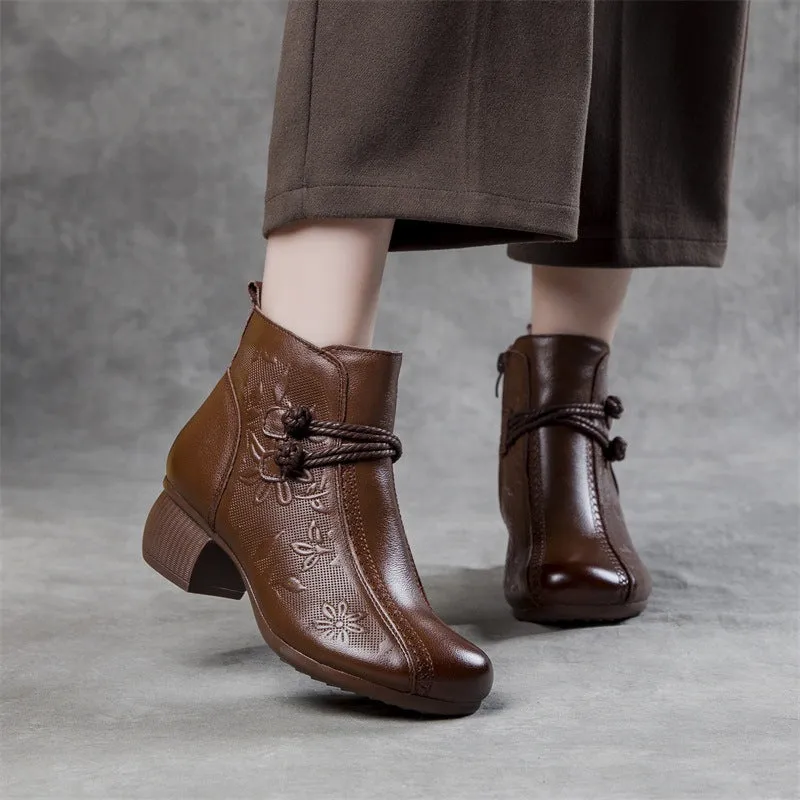 Women's Casual Leather Zipper Ankle Boots Flower Print Low Block Heel
