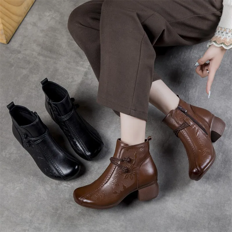 Women's Casual Leather Zipper Ankle Boots Flower Print Low Block Heel