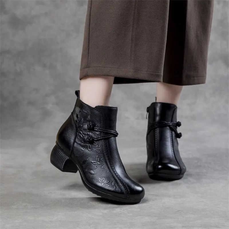 Women's Casual Leather Zipper Ankle Boots Flower Print Low Block Heel