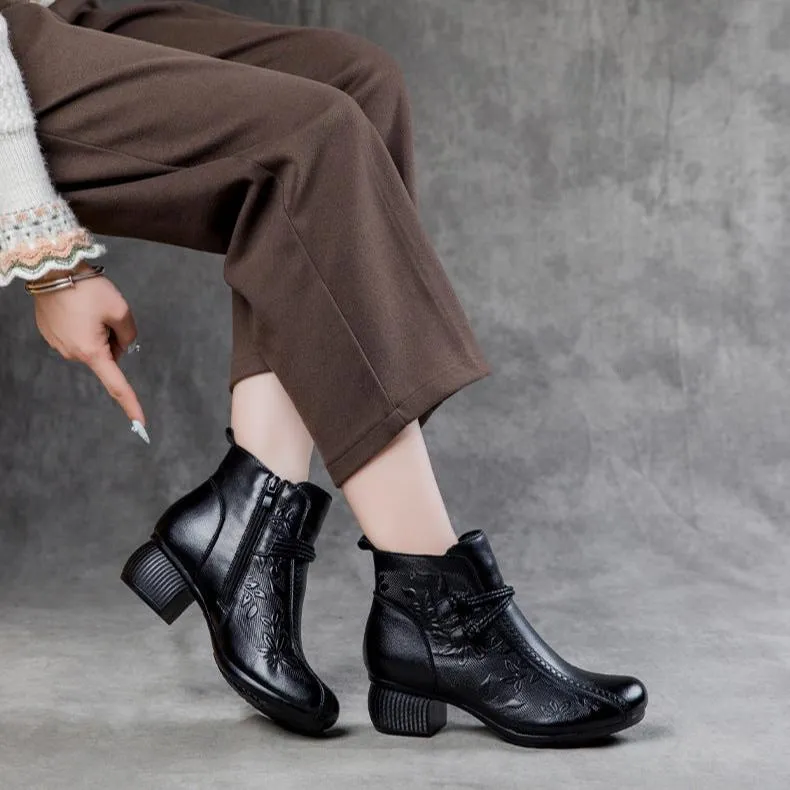 Women's Casual Leather Zipper Ankle Boots Flower Print Low Block Heel