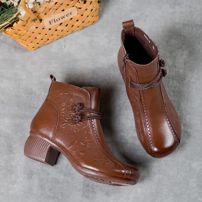 Women's Casual Leather Zipper Ankle Boots Flower Print Low Block Heel