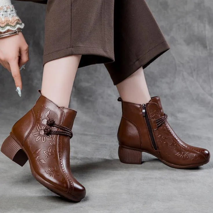 Women's Casual Leather Zipper Ankle Boots Flower Print Low Block Heel