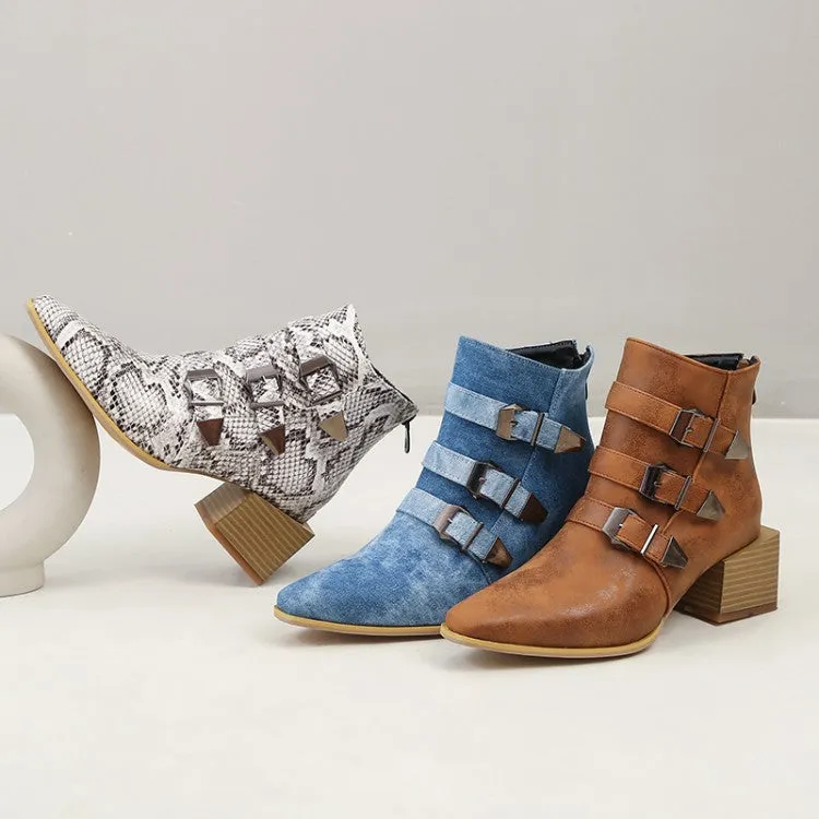 Women's Denim Tie Dye Buckles Block Heel Short Boots