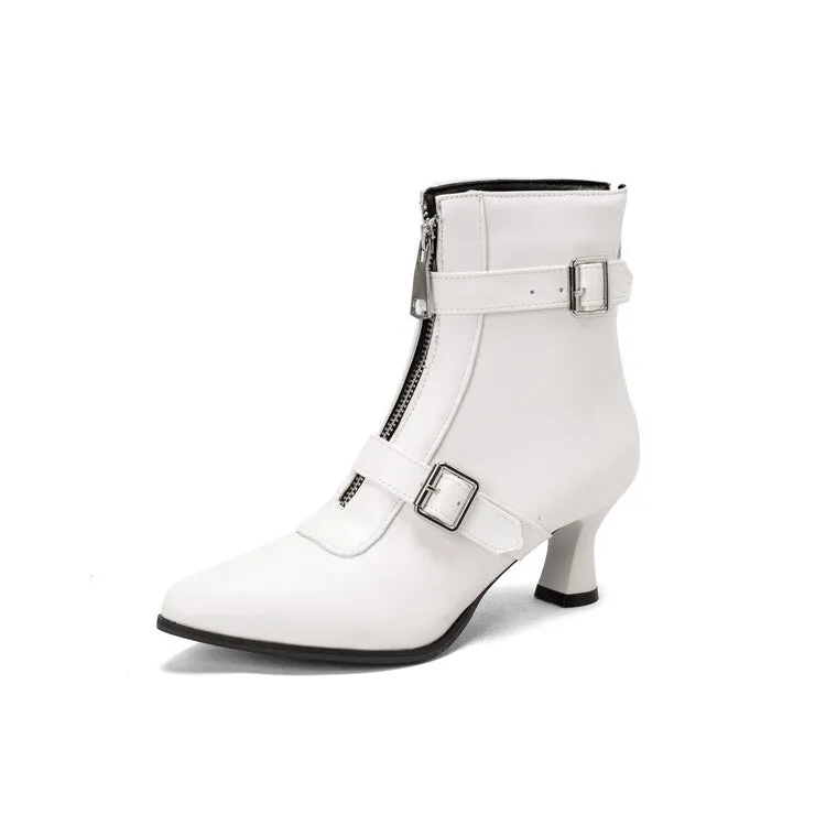 Women's Pointed Toe Zippers Buckle Straps Kitten Heel Short Boots
