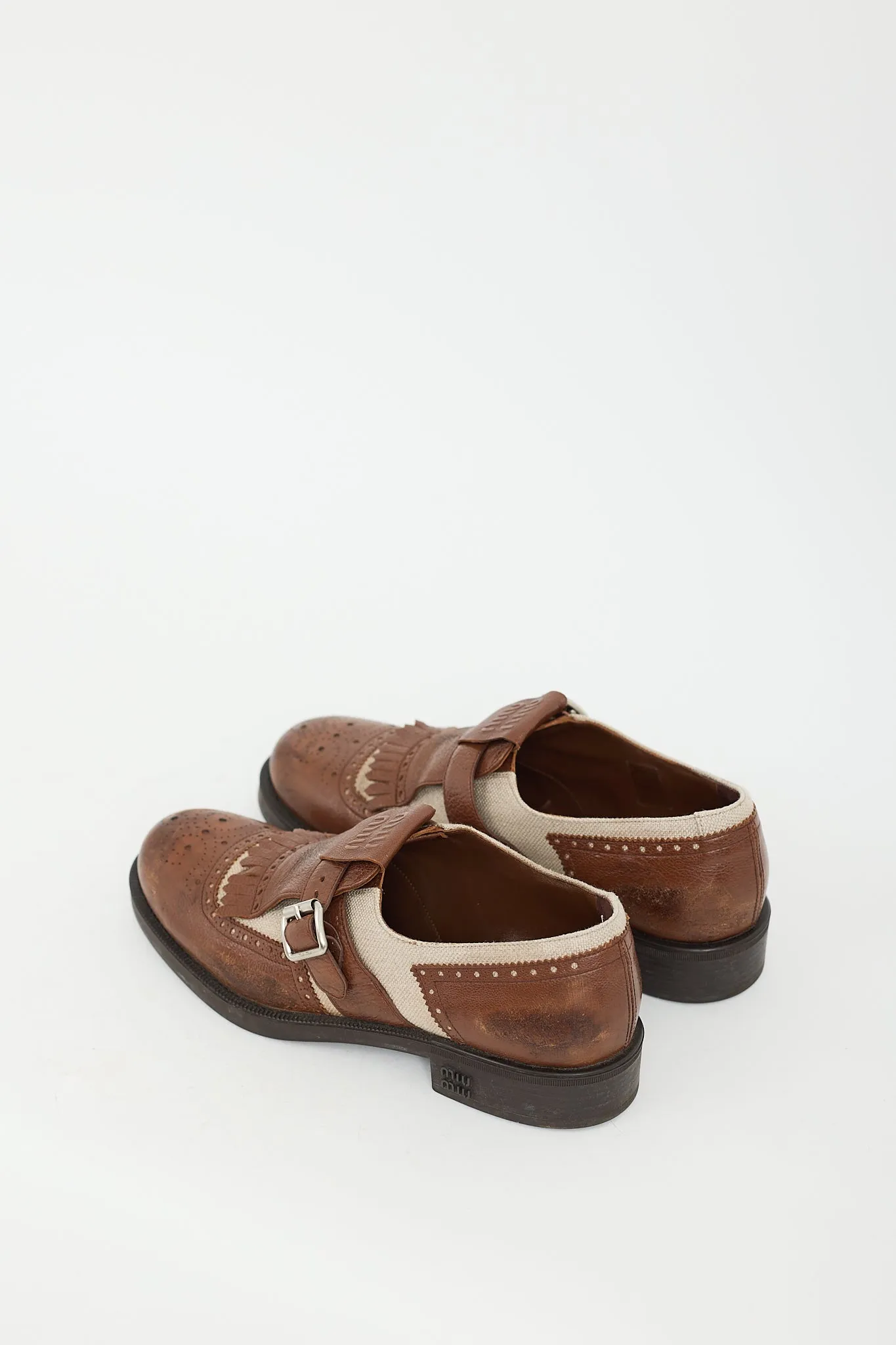X Church's Brown Leather & Beige Canvas Kiltie Fringe Brogue