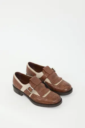 X Church's Brown Leather & Beige Canvas Kiltie Fringe Brogue